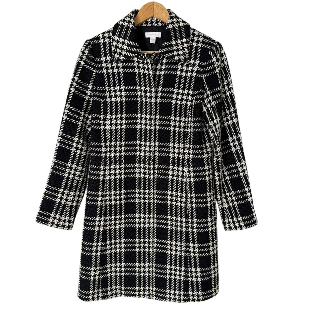 Charter Club Wool Blend Plaid Tweed Coat Black White Button Front, Size 4